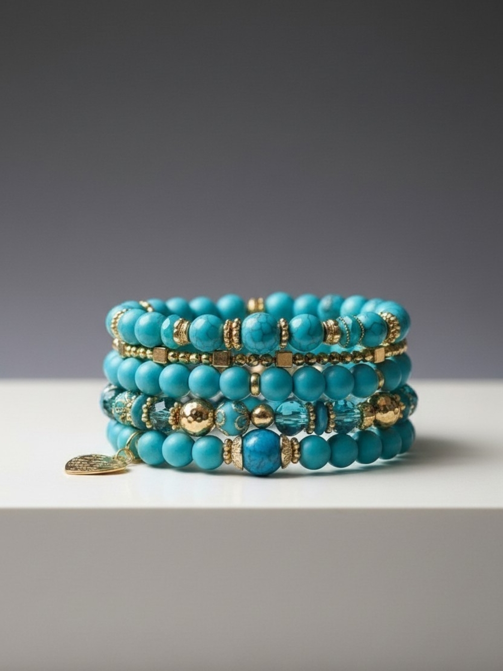 Turquoise & Gold Bead Stretch Bracelet Stack